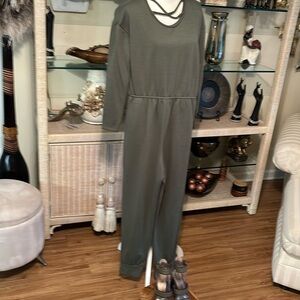 A army green jumpsuit with army green shoes